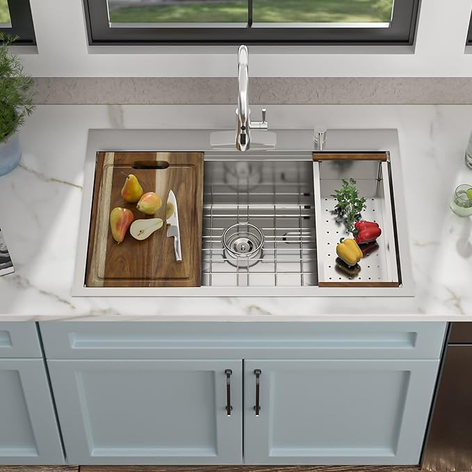 33"x22" Drop In Kitchen Sink Ledge Workstation – 16 Gauge 304 Stainless Steel Above Counter Deep Single Bowl Top Mount Sink Basin