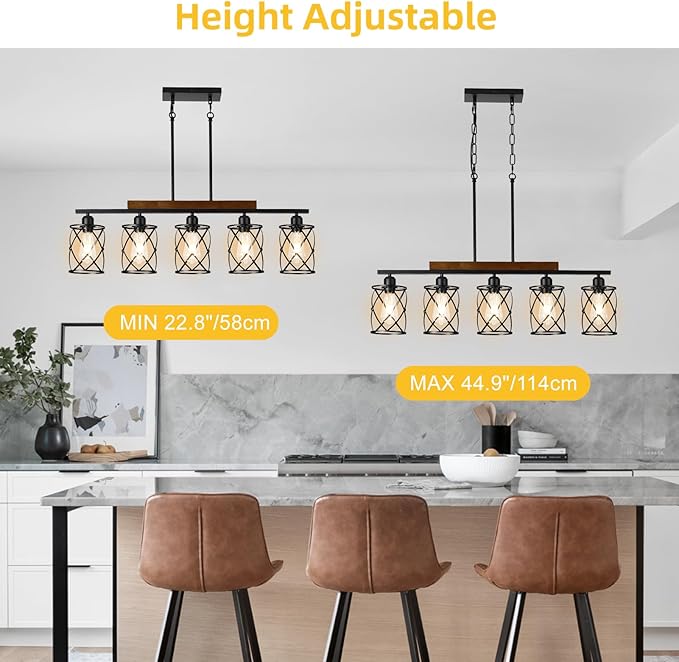 Farmhouse Dining Room Light Fixture: Modern 5-Light Kitchen Island Hanging Lighting with Metal Lampshade, Matte Black Industrial Linear Chandelier Over Table
