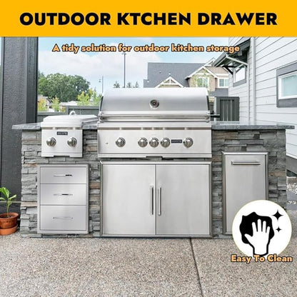 Outdoor Kitchen Drawers, 17" W x 18" D x 24" H Stainless Steel Triple Access BBQ Drawer, Flush Mount Enclosed Drawer with Handle for Outdoor Kitchens & BBQ Islands, No Installation Required