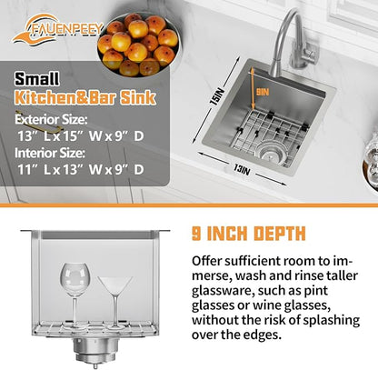13x15In Kitchen And Bar Workstation Sink- Small Stainless Steel Undermount Single Bowl Bar Sink Built-in Ledge Drop In Workstation Sink With Accessory-SS Grid Cutting Board,Silicon Mat,Drain Assembly