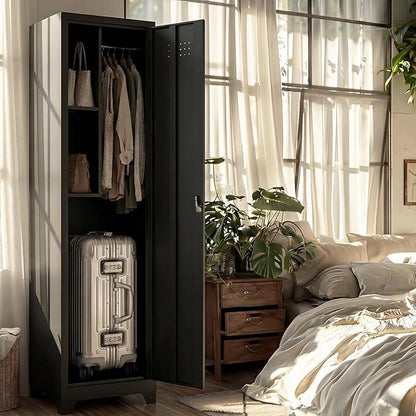 Slim Cabinet for Small Spaces, Metal Bathroom Storage Cabinet with Shelves, Hooks, Narrow Locking Cabinets with 2 Keys, 65” H Tall Storage for Home Office, Living Room, Dining Room, Black
