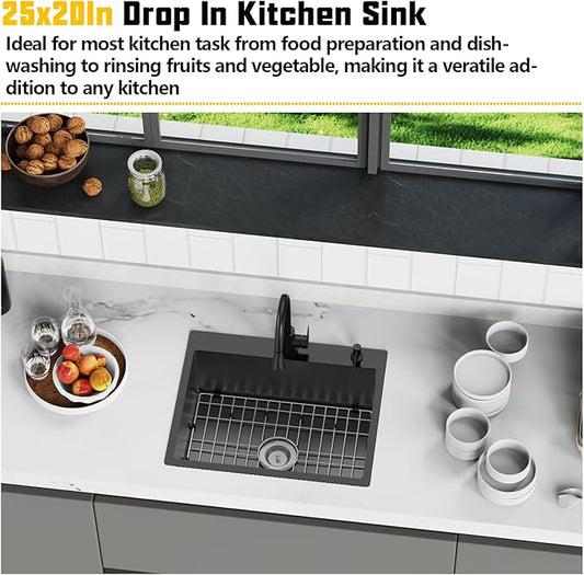 Black 25x20 Inch Drop In Kitchen Sink-Stainless Steel Single Bowl Topmount Kitchen Sink Stylish And Modern Look With Bottom Grid,Silicon Mat And Drain Assembly Add Elegance & Enhance Usability