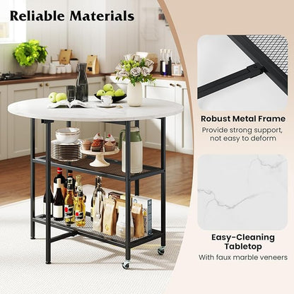 Giantex 40" Folding Dining Table with Lockable Wheels, Storage Shelves, Space-Saving Drop Leaf, Movable & Expandable Round Kitchen Table for Dinette Small Place Apartment Living Room (White)