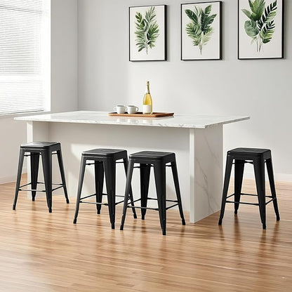 Sweetcrispy Metal Bar Stools Set of 4, 24 Inch Stackable Restaurant Classic Trattoria Metal Chairs, Backless Counter Height Barstool Chairs for Dining Room, Kitchen Island, Indoor Outdoor Use, Black