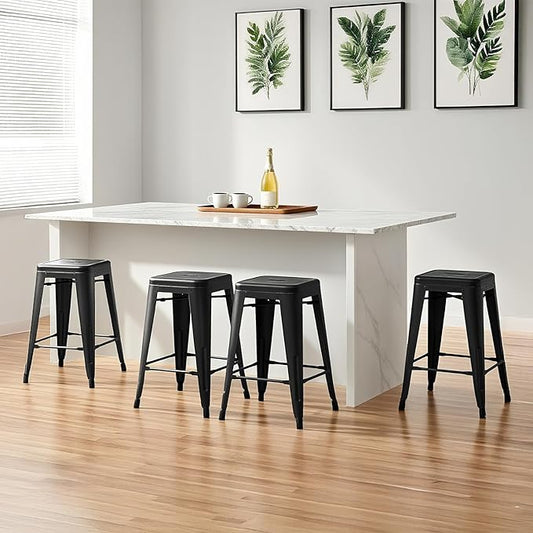 Sweetcrispy Metal Bar Stools Set of 4, 24 Inch Stackable Restaurant Classic Trattoria Metal Chairs, Backless Counter Height Barstool Chairs for Dining Room, Kitchen Island, Indoor Outdoor Use, Black