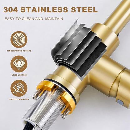 Bathroom Sink Faucet with Pull Down Sprayer,Single Handle Pull Out Faucet with Pop-Up Drain, 1 or 3 Hole Laundry Bar Basin Brushed Gold Faucet with Deck Plate