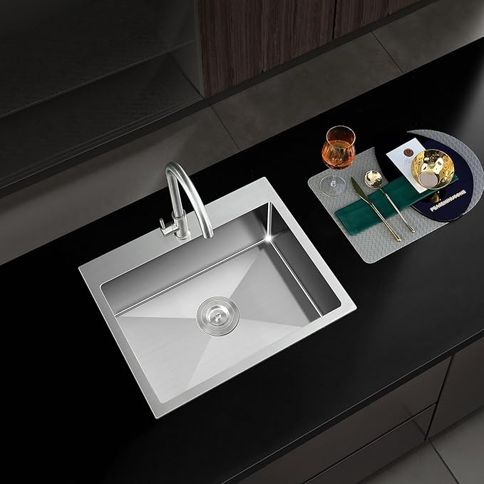 23 Inch Brushed Drop in Kitchen Sink-TSIBOMU 18 Gauge Satinless Steel Topmount Single Bowl Single Hole Kitchen Sink, 9 inch Deep Bowl Basin Sink, D23"xW18"xH9"