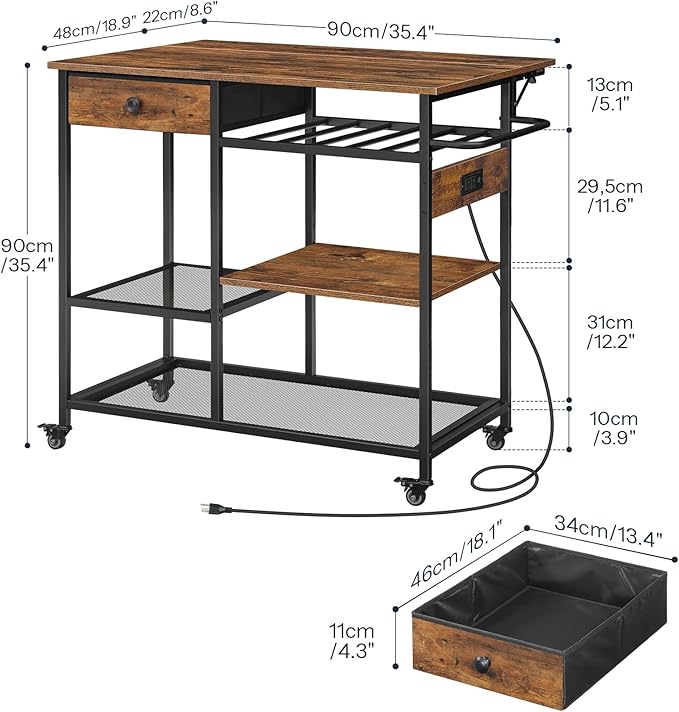 HOOBRO Kitchen Island with Power Outlet, Rolling Kitchen Cart with Drop Leaf, Island Table with Extendable Worktop and Adjustable Shelf, Kitchen Island Cart for Dining Room, Rustic Brown BF22UZD01
