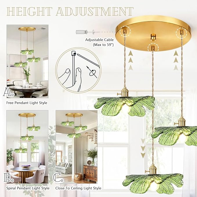 Green Glass Pendant Light 3-Light Cluster Chandelier Adjustable Gold Brass Pendant Hanging Light Farmhouse Pendant Lights for Kitchen Island Dining Room Bedroom