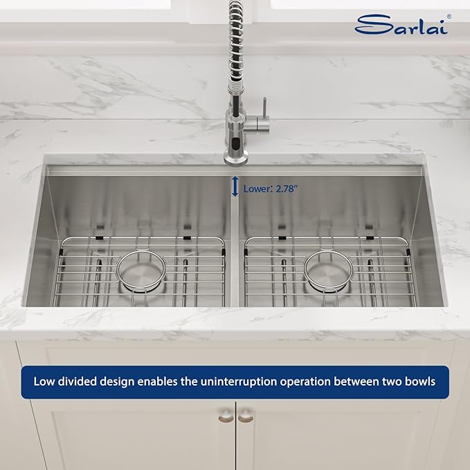 Sarlai 36 Inch Undermount Kitchen Sink Double Bowl Kitchen Sink Low-Divide Large Undermount Workstation16 Gauge Stainless Steel 50/50 Double Basin Under Counter Sinks