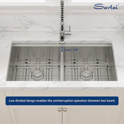 Sarlai 36 Inch Undermount Kitchen Sink Double Bowl Kitchen Sink Low-Divide Large Undermount Workstation16 Gauge Stainless Steel 50/50 Double Basin Under Counter Sinks