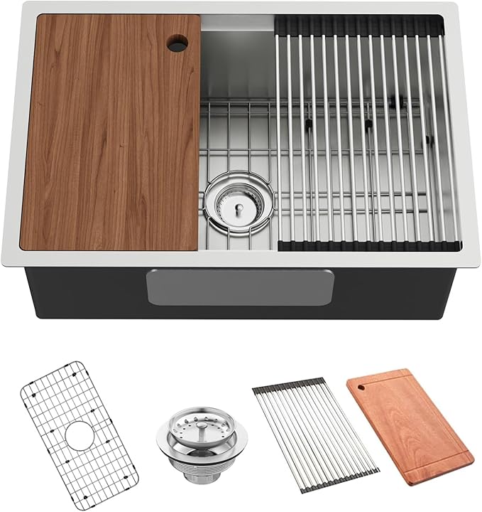 Kitchen Sink Workstation, 27x18 Inch Stainless Steel Drop In Kitchen Sink Modern Undermount Single Bowl Kitchen Sink Gift Combo-SS Grid,Drying Rack,Cutting Board,Sink Clip, Drain Strainer Set