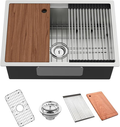 Kitchen Sink Workstation, 27x18 Inch Stainless Steel Drop In Kitchen Sink Modern Undermount Single Bowl Kitchen Sink Gift Combo-SS Grid,Drying Rack,Cutting Board,Sink Clip, Drain Strainer Set