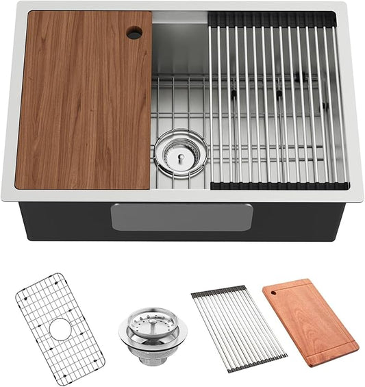 Kitchen Sink Workstation, 27x18 Inch Stainless Steel Drop In Kitchen Sink Modern Undermount Single Bowl Kitchen Sink Gift Combo-SS Grid,Drying Rack,Cutting Board,Sink Clip, Drain Strainer Set