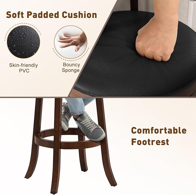 ERGOMASTER Set of 2 Swivel Bar Stools 30.5 Inch Height - 360° Rotating PU Leather Counter Stools with Backrest & Footrest, Brown Tobacco Wood Kitchen Island Stools, 250 lbs Capacity