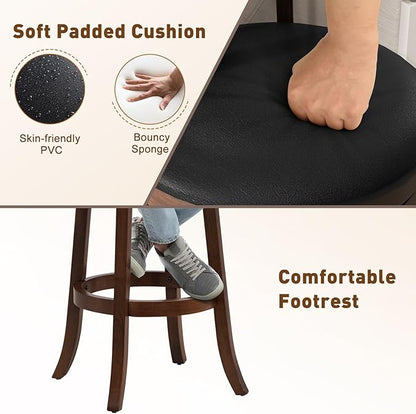 ERGOMASTER Set of 2 Swivel Bar Stools 30.5 Inch Height - 360° Rotating PU Leather Counter Stools with Backrest & Footrest, Brown Tobacco Wood Kitchen Island Stools, 250 lbs Capacity