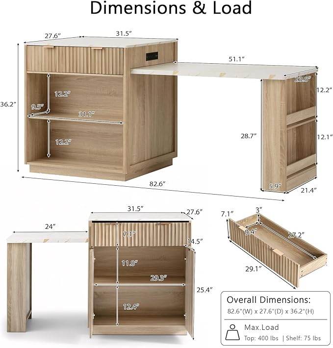 Polibi 82.6" Fluted Kitchen Island with Extendable Dining Table, for 4-6 Seating, Power Outlet (AC/USB/C), Double-Side Storage, 2 Drawers & Side Open Shelves, Natural