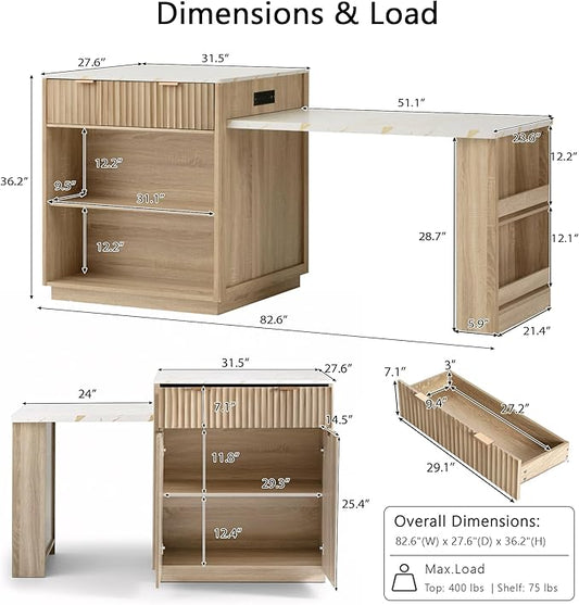 JIJIWANG 82.6" Fluted Kitchen Island with Extendable Dining Table for 4-6, Island Table for Kitchen with Power Outlet, Kitchen Table with Double-Side Storage, 2 Drawers 2 Side Open Shelves, Natural