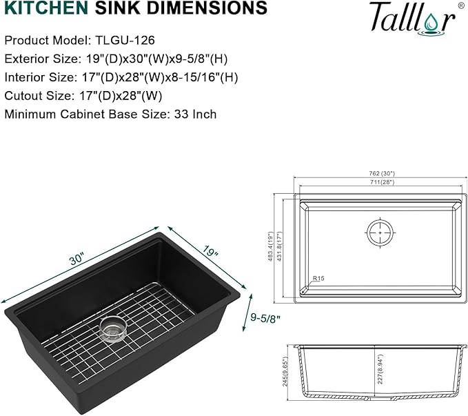 30 Inch Black Undermount Kitchen Sink-Granite Composite Single Bowl Workstation All-In One Classic Quartz Kitchen Sink with Mixing Bowl, Pasta Strainer and Cutting Board #TLGU-126