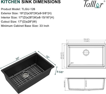 30 Inch Black Undermount Kitchen Sink-Granite Composite Single Bowl Workstation All-In One Classic Quartz Kitchen Sink with Mixing Bowl, Pasta Strainer and Cutting Board #TLGU-126