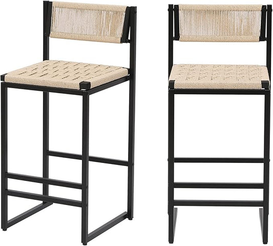 Set of 2 Woven Stools with Backrest Paper Rope Weave Dining Chairs for Kitchen Island,for Living Room