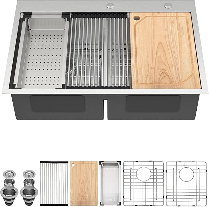 33 Inch Drop-In Double Bowl Kitchen Sink, 50/50 Low Divide 16 Gauge 304 Stainless Steel Workstation All-In One Sink, Brushed Finish #TLDB-501