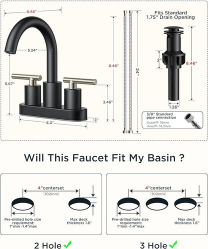 FORIOUS 4 Inch Centerset Bathroom Sink Faucet Black and Brushed Nickel, 2 Handle RV Bathroom Sink Faucet Matte Black 4" with Pop Up Dain, 24 in Hot and Cold Water Hoses, and 360 Degree Swivel Spout