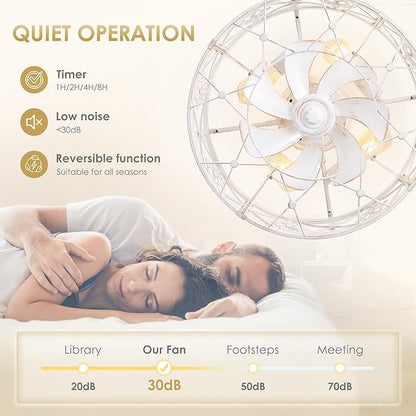 ZYD Caged Ceiling Fans with Light, 20" Ceiling Fans with Lights and Remote Flush Mount, Bladeless Caged Ceiling Fan with Light, Rust White Farmhouse Ceiling Fan for Bedroom, Kitchen, Dining Room