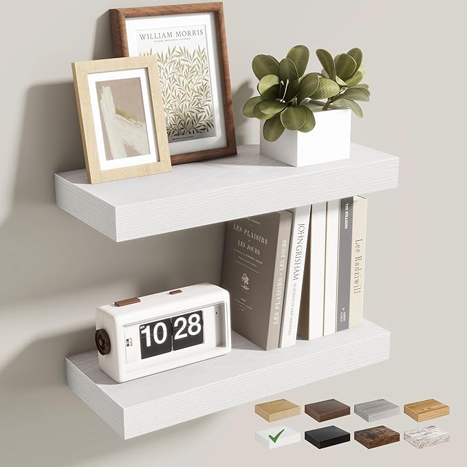 Acovy 16 Inch Floating Shelves for Wall 2 Pack, 16" Wall Shelves for Books, Storage, Decor, Wall Mounted Floating Shelf with Invisible Brackets for Kitchen, Living Room, White