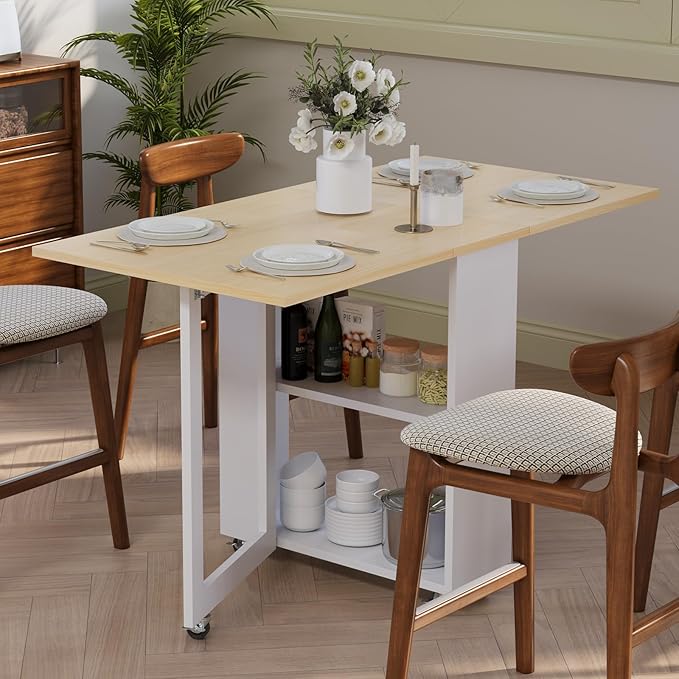 LotFun Folding Dining Table with 2-Tier Storage Racks, Movable Kitchen Dining Table with 6 Wheels, Space Saving Table for Small Spaces (2 Tier Storage Racks, White)