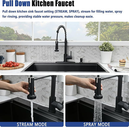 30x19 Black Drop In Kitchen Sink with Faucet Combo - 30 Inch Single Bowl Drop In Sinks 10 Inch Deep, Black Stainless Steel Topmount Workstation Kitchen Sink with Accessories