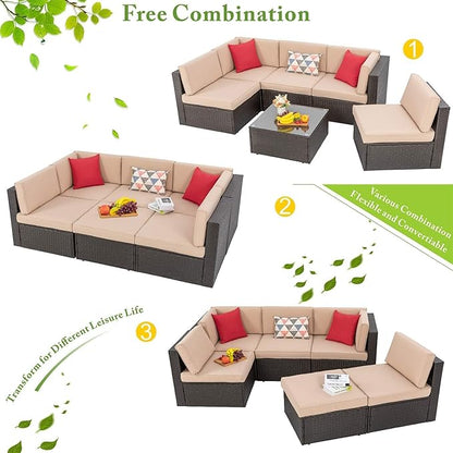 Vongrasig 7 Piece Patio Furniture Set with Propane Fire Pit, Outdoor Conversation Sets Wicker Rattan Sectional Sofa with Coffee Table, 43” Propane Gas Firepit Table with Lid, Beige