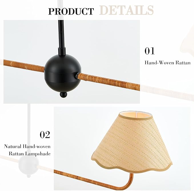 VILUXY 2-Light Linear Chandelier Kitchen Island Lighting Fixture with Rattan Shade 47’’ Farmhouse Linear Light Fixture for Dining Room, UL Listed