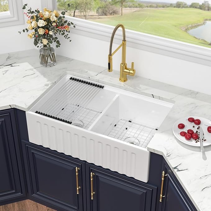 33 White Farmhouse Kitchen Sink Double Bowl - Kichae 33" x 20" Ledge Workstation Fluted Apron Front Ceramic Porcelain Farm Sinks Single Bowl