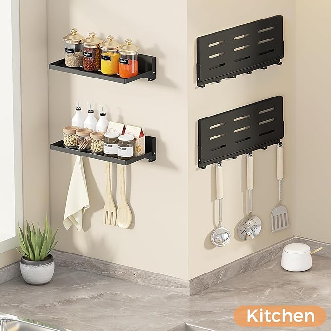 Small Folding Wall Shelf with Hooks, Wall Mounted 2 Folding Metal Shelves, Fold Up 90° and 6 Hooks, Practical Wall Shelf for Rv, Utility Room, Laundry Room, Garage, Black（11.8", 2 Pack）