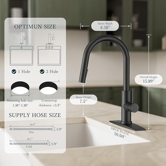 FORIOUS Kitchen Faucets with Pull Down Sprayer, Black Classic Single Handle Stainless Steel High Arc Faucet for Kitchen Sink, 1 Hole with Deck Plate Sink Faucet for Bar RV Farmhouse Outdoor Laundry