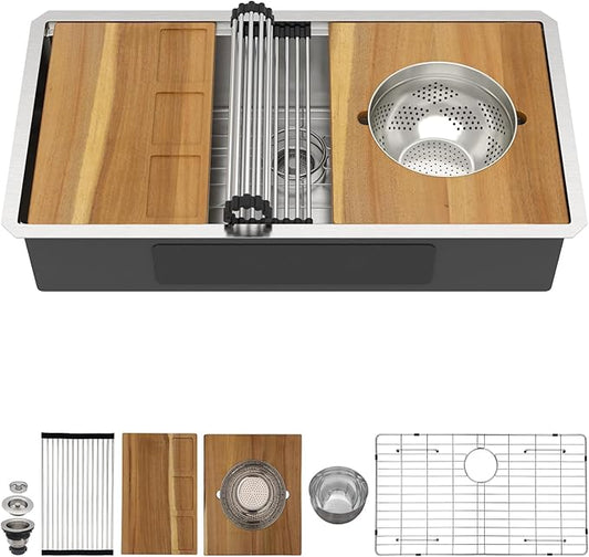32 Undermount Kitchen Sink 16 Gauge 304 Stainless Steel Single Bowl Multifunctional 32x19 Undermount Workstation Sink with Accessories #TLU-0038