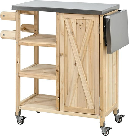 JIJIWANG 33.4" Foldable Outdoor Kitchen Island Patio Kitchen Island Outdoor Kitchen Cart Portable Prep Station with Lockable Wheels, Storage Cabinet and Towel Rack for Patio and Outdoor Natural