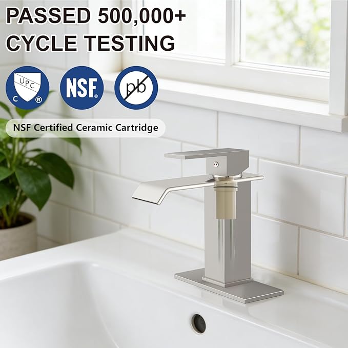 Midanya Waterfall Bathroom Faucets, Single Handle 1 Hole Bathroom Sink Faucet Modern RV Vanity Restroom Lavatory Basin Faucet with Pop Up Drain and Water Supply Lines,Brushed Nickel