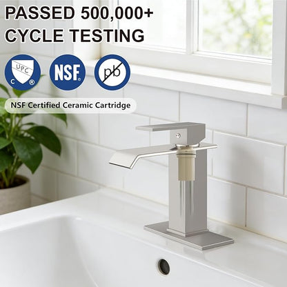 Midanya Waterfall Bathroom Faucets, Single Handle 1 Hole Bathroom Sink Faucet Modern RV Vanity Restroom Lavatory Basin Faucet with Pop Up Drain and Water Supply Lines,Brushed Nickel