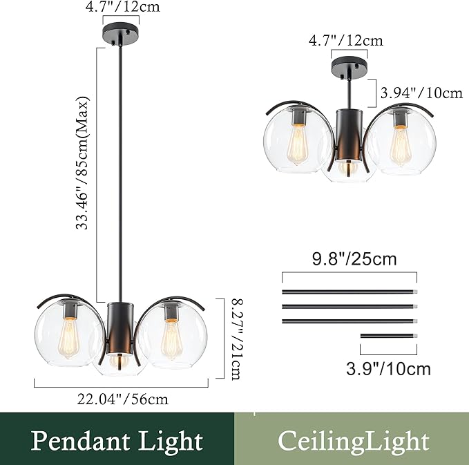 3-Light Black Chandelier with Downward Arched Arms, Modern Farmhouse Pendant Light Fixture with Clear Glass Globe Shades, Ceiling Lighting for Dining Room, Bedroom and Foyer