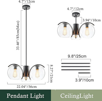 3-Light Black Chandelier with Downward Arched Arms, Modern Farmhouse Pendant Light Fixture with Clear Glass Globe Shades, Ceiling Lighting for Dining Room, Bedroom and Foyer