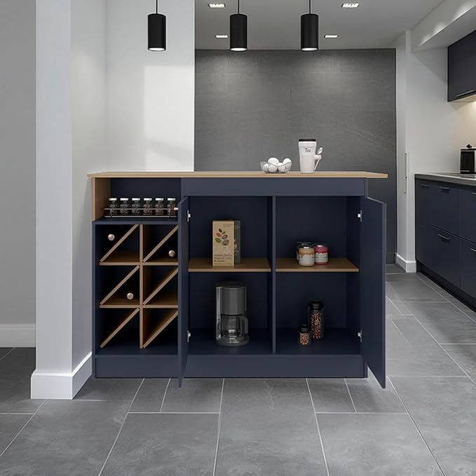 GOWE Harrell Kitchen Island, 2 Doors, 7 Shelves, Alby Blue/Natural Oak