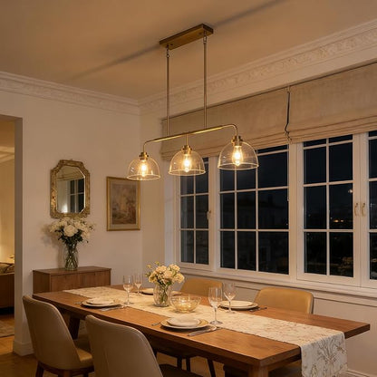 Dining Room Light Fixtures over Table, Large Kitchen Island Lights Modern Farmhouse Chandelier Vintage Brushed Gold Rectangle Chandelier Light Fixture with 3 Big Clear Glass Dome,Height Adjustable