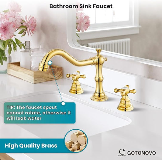 gotonovo Bathroom Faucet 3 Hole 8 Inch Widespread Bathroom Sink Faucet 2 Cross Handles Vintage Lavatory Vanity Mixer Tap with Pop Up Drain, HOT Cold Label, Polish Gold