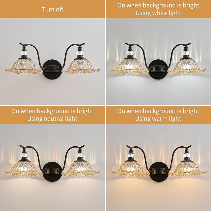 Vintage Bathroom Vanity Light Fixtures - 2 Light Antique Matte Black Bathroom Lights Fixture Over Mirror with Amber Flower Glass,Retro High End Wall-Mounted Vanity Lighting for Bath Powder Room