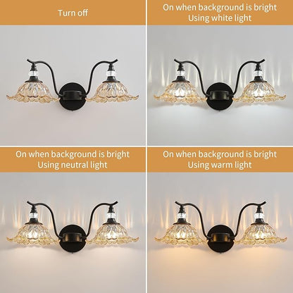 Vintage Bathroom Vanity Light Fixtures - 2 Light Antique Matte Black Bathroom Lights Fixture Over Mirror with Amber Flower Glass,Retro High End Wall-Mounted Vanity Lighting for Bath Powder Room