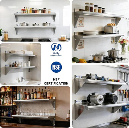 Hally Stainless Steel Shelf Wall Mounted Metal Shelf Wall Shelf 12 x 72 NSF Heavy Duty 345 lb Capacity, Commercial Wall Mounted Storage Rack for Kitchen, Garage, Laundry Room 2 Pack