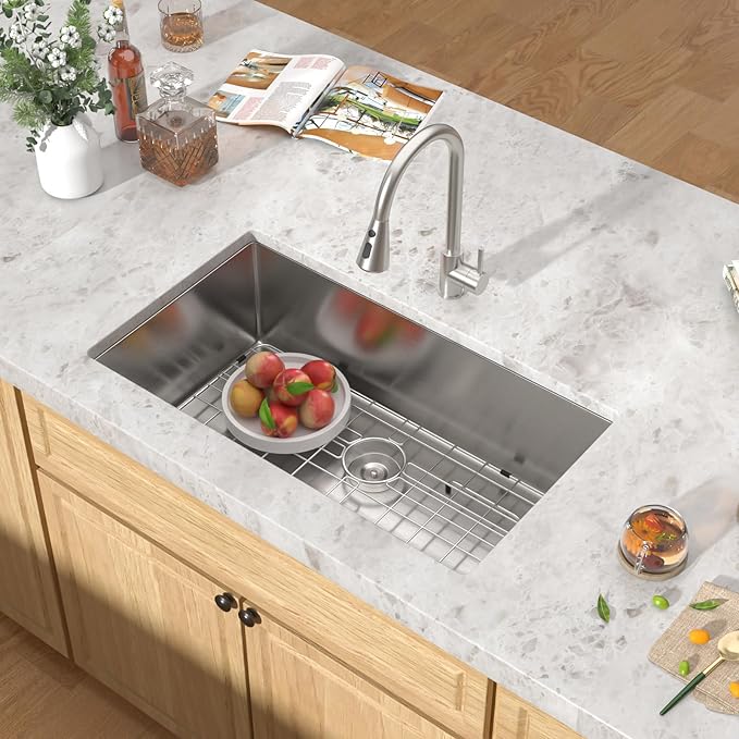 Undermount Kitchen Sink - 33 Inch Undermount 16 Gauge Stainless Steel Kitchen Sink Under Counter Single Bowl Sinks Round Corner, 33"x19"x9" #TLU-0024