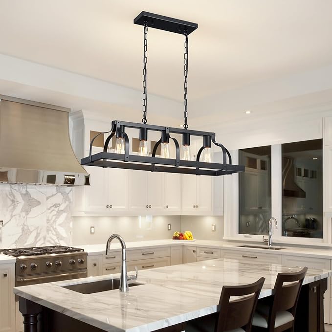 WUZUPS 5-Light Metal Chandelier Linear Pendant Ceiling Lighting Rustic Farmhouse Fixture Kitchen Island Dining Room, H 8.5" L 31.5" W10, E26 Base, Black